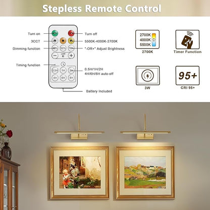 JOOSENLUX Wireless Picture Light with Remote Control - 16" Inch Brass Dimmable Art Light, Timer - Battery Operated - for Pictures, Display, Artwork, Gallery Wall