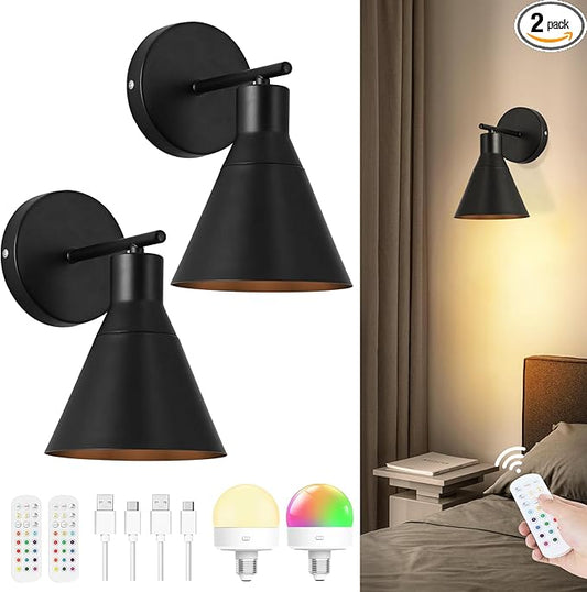 Modern Wireless Battery Operated Wall Sconces, Black Rechargeable Cordless LED Wall Lights Set of Two, Dimmable Battery Powered Wall Decor Lamp Fixture with Remote Control for Bedroom Indoor