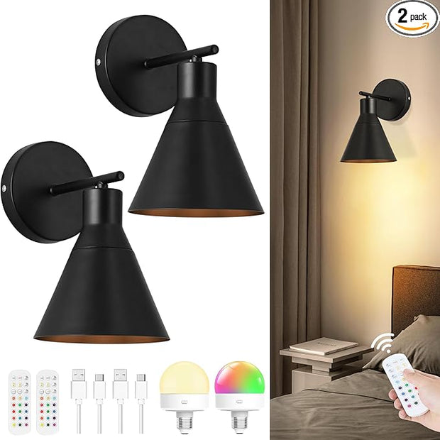 Modern Wireless Battery Operated Wall Sconces, Black Rechargeable Cordless LED Wall Lights Set of Two, Dimmable Battery Powered Wall Decor Lamp Fixture with Remote Control for Bedroom Indoor