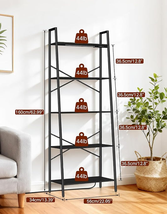5-Tier Wide Ladder Shelf with LED Lights, Touch & Remote Control, 3 Color Temperatures, Dimmable Tall Corner Standing Bookcase, Metal Wood Display Shelf for Living Room, Bedroom(Black)