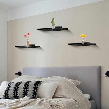 Cityelf Floating Shelves Wall Mounted Wall Decor Iron Glass Hanging Shelf Home Decor Set of 3 Display Ledge Shelves for Living Room Bedroom Black Square