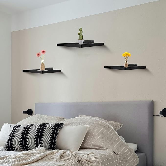 Cityelf Floating Shelves Wall Mounted Wall Decor Iron Glass Hanging Shelf Home Decor Set of 3 Display Ledge Shelves for Living Room Bedroom Black Square