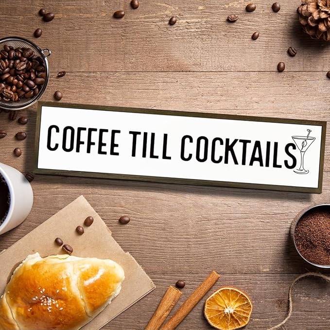 Coffee Decor Signs, Rustic Home Decors for Kitchen Bar, Cafe Decor, Housewarming Party Gift, Decorative Wooden Hanging Sign, Coffee Until Cocktails Sign, 17.8x4x1.2 inches