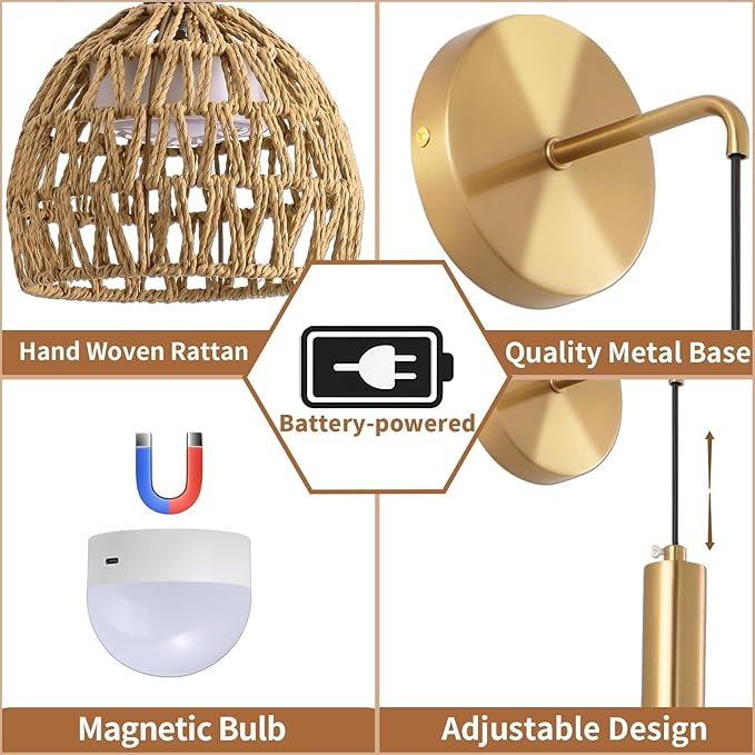 Boho Battery Operated Wall Sconce, Wireless Sconces Set of 2 with Remote, Rattan Upgrade Rechargeable Wall Sconces Set of Two for Bedroom, Living Room, Entryway, 3 Colors Dimmable (Gold)