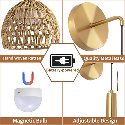 Boho Battery Operated Wall Sconce, Wireless Sconces Set of 2 with Remote, Rattan Upgrade Rechargeable Wall Sconces Set of Two for Bedroom, Living Room, Entryway, 3 Colors Dimmable (Gold)