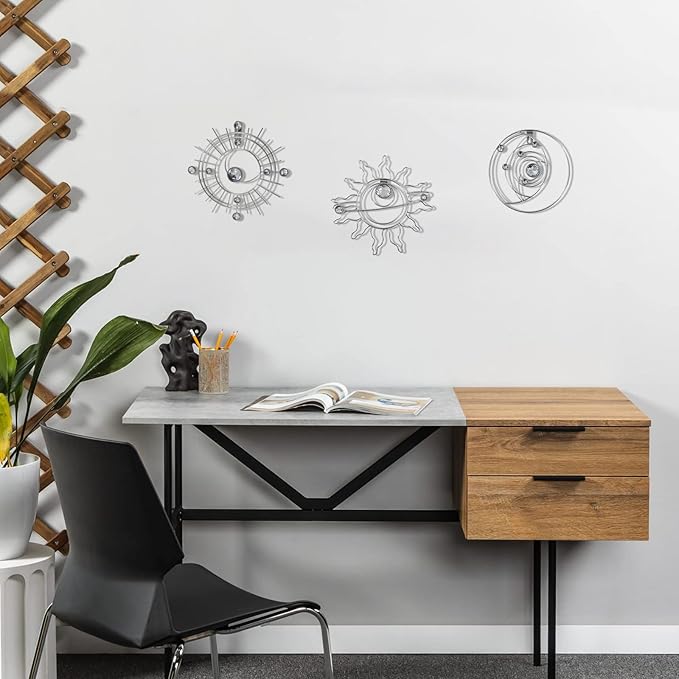 Silver Metal Wall Art, Abstract Sun Moon Star Decor, Modern Line Art Valentine Decorations, Mystical Star Circle Planet Handmade Wall Valentine Decor for Living Room Kitchen Office 9 inch