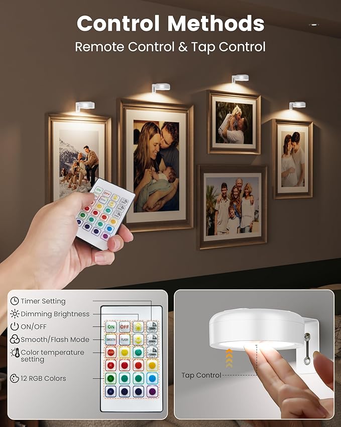 Picture Lights for Wall,Wireless 2000mAh Rechargeable Magnetic LED Puck Lights with Remote,3 Color Temps and 12 RGB,Dimming & Timer,Art Frame Light for Painting Display,Photos,Wall Decor(3 Pack)