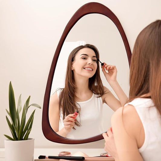 sawsile Irregular Wall Mirror for Bathroom,Wood Asymmetrical Rustic 19.5 x 30.5 inch Farmhouse Vanity Unique Walnut Decorative Large Mirror for Entryway,Bedroom,Living Room,Washroom