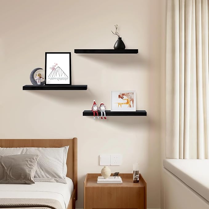 Floating Shelves for Wall Set of 3, 24" Black Wall Shelves for Home Decor, Frame Display Black Floating Shelf for Living Room, Bedroom, Bathroom, Kitchen