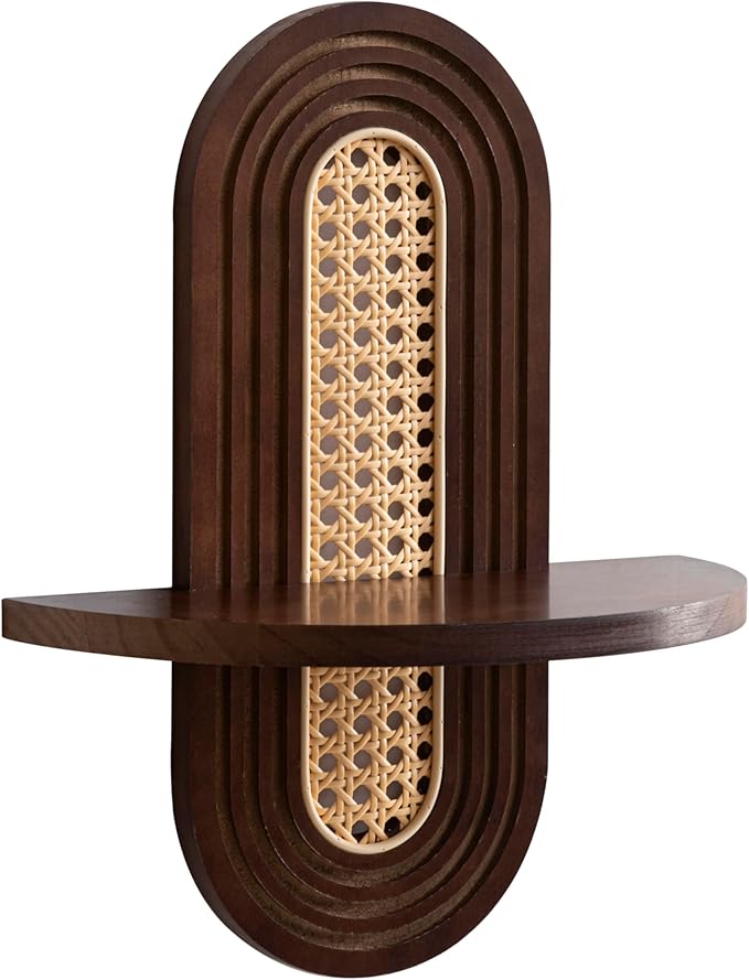 Wooden Arched Floating Shelf - Boho Decor Wall-Mouted Shelves Book Display Rattan Shelf for Bedroom Living Room Bathroom Nursery Home Office 14.5