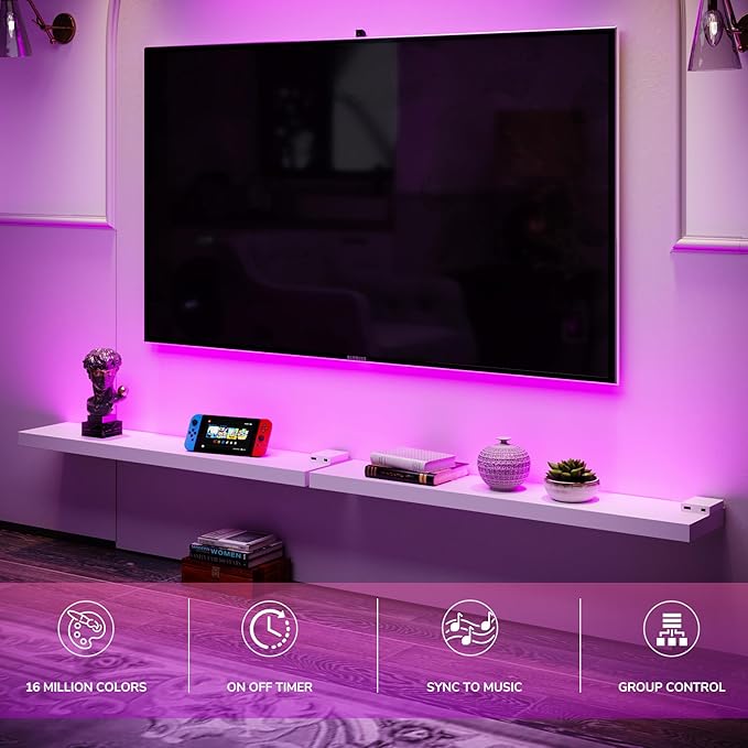 BAMEOS Floating Shelves with RGB LED, 31" Wooden Wall Shelves with Invisible Brackets, Set of 2, Wall Mounted Display Shelves Decoration for Bedroom, Bathroom, Living Room, Kitchen (White)
