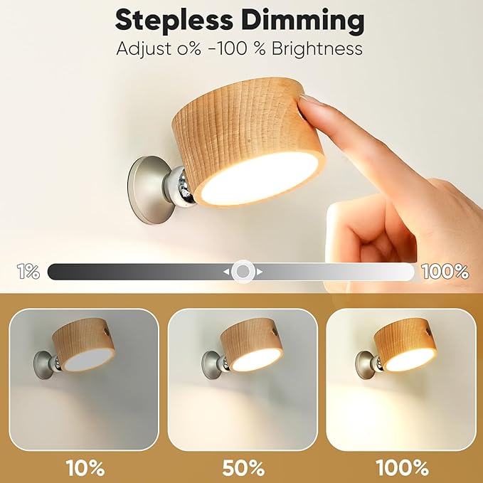 Rechargeable Wall Lights Battery Operated, Battery Wall Sconces Set of Two for Bedroom, Wood Lights of Sweden Wall Lamps, 360° Rotation Dimmable Brightness Wireless Wall Sconce with Touch Control