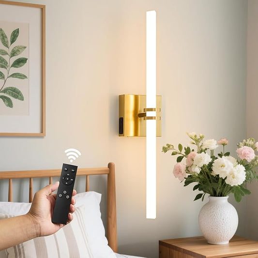 Battery Operated Wall Sconce 1Pack, Gold Rechargeable Wall Lights with Dimmable Remote Control, 22 Inch 3000K-6000K LED Wireless Wall Lamps for Bedroom, Hallway, Background Wall