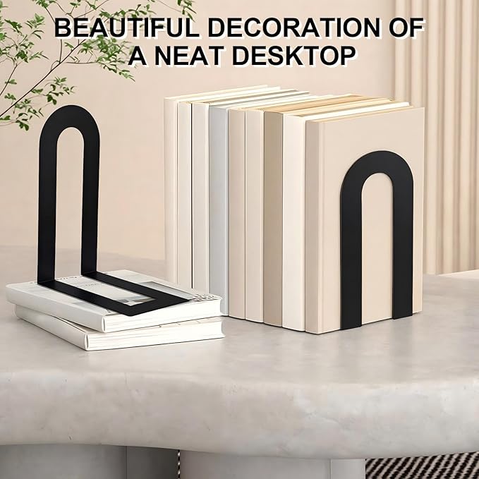 Chunful 6 Pcs Modern Metal Book Ends for Shelves Decorative Small Bookends Book Shelf Organizer Minimalist Design Stopper to Hold Books for Home Office (Black,7.5 * 5.75 * 3.5inch)