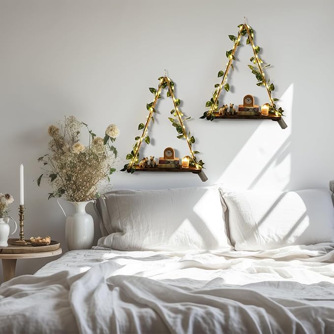 2 Set Floating Shelves for Wall, Plant Wall Decor, Hanging Shelf, Floating Shelves with Irregular Wooden Board Design LED Lights and Green Leaves, Boho Hanging Shelf for Home Decor Holiday