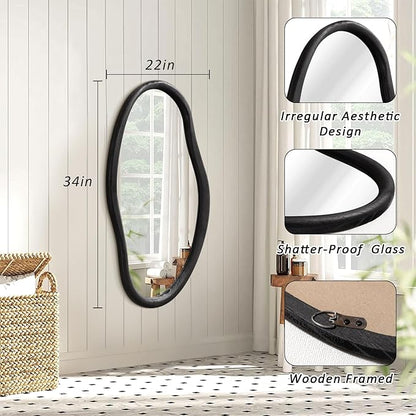 JJUUYOU Irregular Mirror Black Asymmetrical Wooden Wall Mirror 34"x22" Large Home Decorative Wall Mounted Vanity Hanging Mirrors for Bathroom Dressing Room Living Room