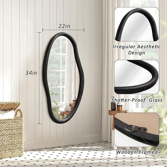 JJUUYOU Irregular Mirror Black Asymmetrical Wooden Wall Mirror 34"x22" Large Home Decorative Wall Mounted Vanity Hanging Mirrors for Bathroom Dressing Room Living Room