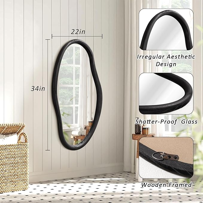 JJUUYOU Irregular Mirror Black Asymmetrical Wooden Wall Mirror 34