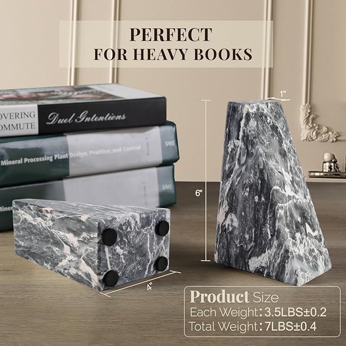Koville Marble Bookends for Shelves, Large Bookends for Heavy Books, Natural Stone Book Stopper for Books CD Movies, Aesthetic Decorative Book Ends (Grey)