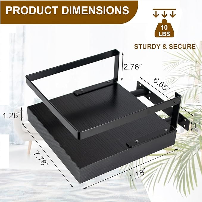 ARTORA Wall Mounted Plant Holder, Wooden Floating Shelf with Invisible Bracket Wall Mount Wood Rack Small Decorative Display Shelves with Gaurdrail for Bedroom Living Room Bathroom (Black,1 Pack)