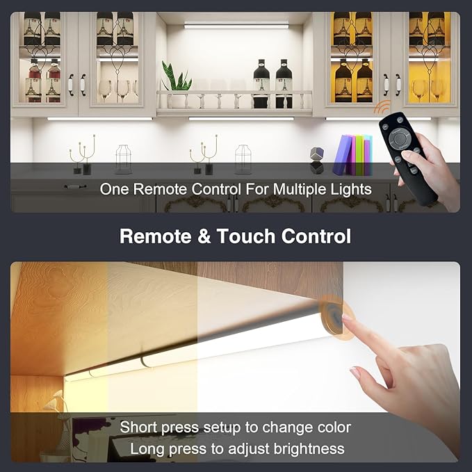 Under Cabinet Lighting Wireless with Remote,Rechargeable Battery Operated Closet Lights,3 Color Magnetic Dimmable led Strip Lights,Under Counter Lights for Kitchen,Shelf,Bedroom (Black-2PCS, 60cm)