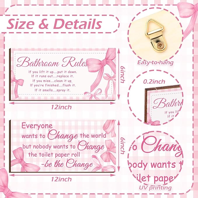 Jetec 2 Pieces Funny Bathroom Signs Bathroom Wall Decor Toilet Wall Accessories Farmhouse Toilet Rustic Wooden Signs, 12x6 Inch(Pink Bow Style)