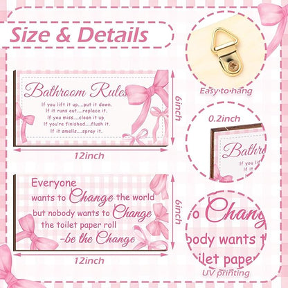 Jetec 2 Pieces Funny Bathroom Signs Bathroom Wall Decor Toilet Wall Accessories Farmhouse Toilet Rustic Wooden Signs, 12x6 Inch(Pink Bow Style)