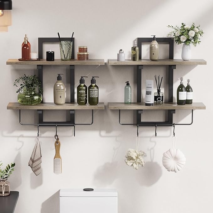 Floating Shelves, 15" Wall Shelf Set of 2, Hanging Bathroom Shelves 2-Tier, Wall Mounted Storage Shelves, for Living Room Bedroom Bathroom Kitchen Office Coffee Bar, Greige