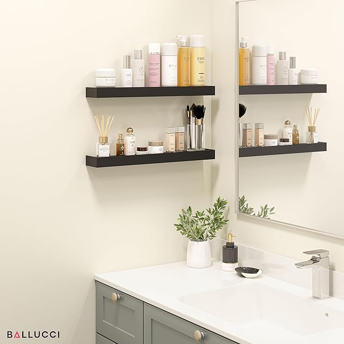 Ballucci Modern Floating Shelves 24", Set of 2 Wood Wall Mount Ledges for Nursery, Living Room, Bathroom, Kitchen, Office, Black