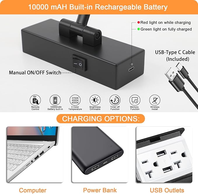 Picture Light Battery Operated with Remote, 3CCT Dimmable Picture Light for Paintings, Black Rechargeable 24 inch Battery Operated Wall Sconce for Art Lighting Gallery Portrait Artwork