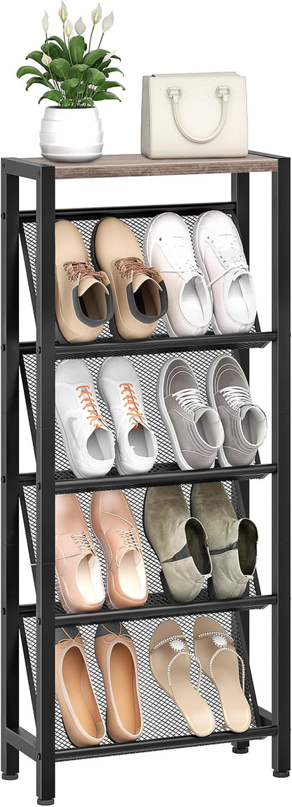 Shoe Rack, 5-Tier Slanted Shoe Rack, Narrow Shoe Storage Shelf, Slim Shoe Organizer for Entryway, Space-Saving, Wooden Top and Metal Frame, for Entryway, Hallway, Greige and Black TXJ03BG