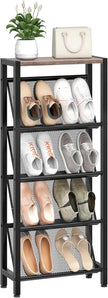Shoe Rack, 5-Tier Slanted Shoe Rack, Narrow Shoe Storage Shelf, Slim Shoe Organizer for Entryway, Space-Saving, Wooden Top and Metal Frame, for Entryway, Hallway, Greige and Black TXJ03BG