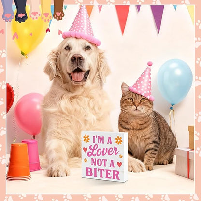 Valentines Cat Dog Desk Decor, Valentine's Day Gifts for Cats Dogs Lover Pet Parent, Valentine Home Office Table Sign Decoration for Shelf Tiered Tray, A Lover Not A Biter