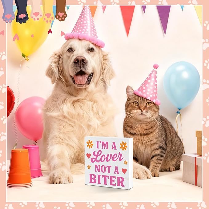Valentines Cat Dog Desk Decor, Valentine's Day Gifts for Cats Dogs Lover Pet Parent, Valentine Home Office Table Sign Decoration for Shelf Tiered Tray, A Lover Not A Biter