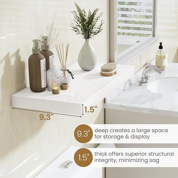 Fun Memories 48 Inch Floating Shelves in White, 9.3 Inch Deep Wall Shelves for Bathroom, Living Room, Bedroom, Kitchen, Deep Long Shelf Wall Mounted 2 Pack Shelf for Books, Decor