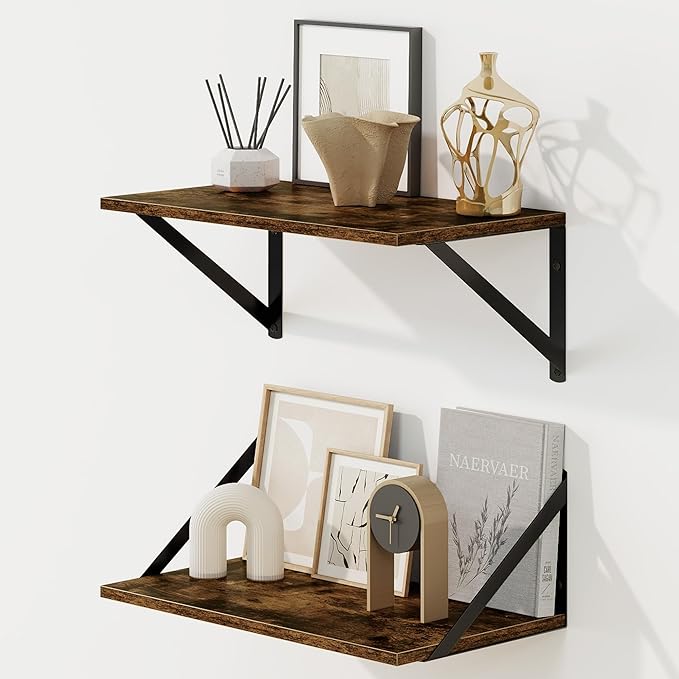 Fun Memories Deep Floating Shelves for Wall, 16W x 8D Wall Mounted Shelves Set of 2, Wide Display Ledge Shelf with Sturdy Metal Brackets for Living Room, Bathroom, Bedroom and Kitchen, Rustic Brown