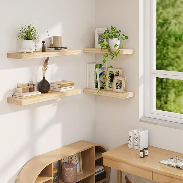 Fun Memories Floating Shelves, 9.3'' Deep Solid Pine Wood Wall Shelves for Storage, Wall Mounted Display Shelf with Invisible Heavy-Duty Metal Bracket, 24'' Width Set of 2, Unfinished - DIY Stain