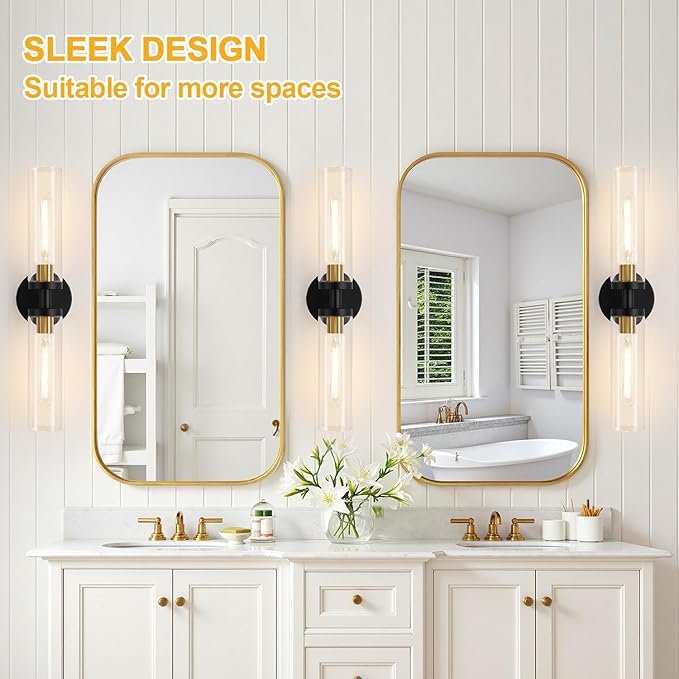 Black and Gold Wall Sconce, Bathroom Sconces Wall Lighting with Clear Glass, Modern Sconces Wall Light fixtures for Bathroom Mirror Living Room Hallway Bedroom