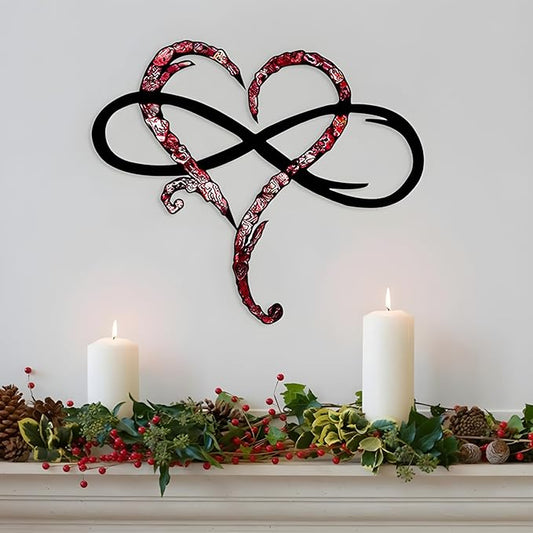Infinity Heart Wall Decor, Unique Infinity Heart Metal Wall Art Decor Love Sign Steel Wall Plaques Bedroom Ornaments for Home Wedding Decor, Room Living Room Decoration (Red Black, 13.7x11.4inch)
