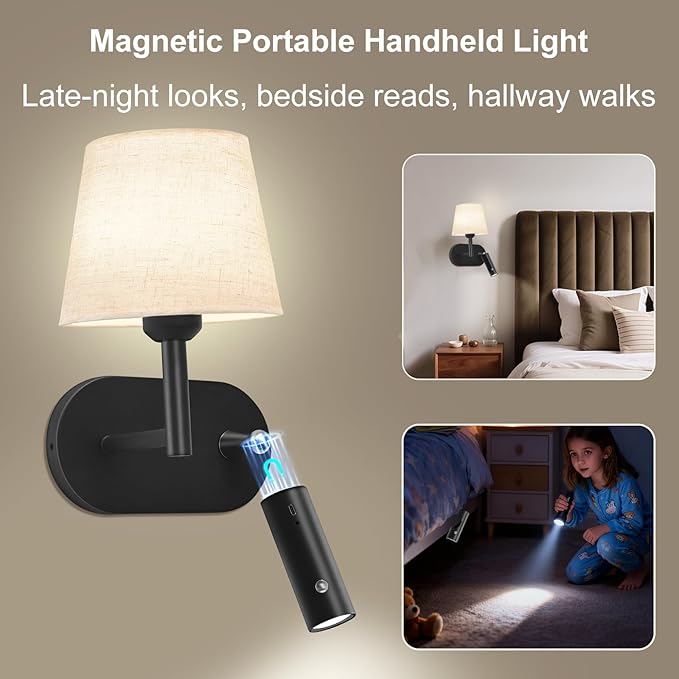 Battery Operated Wall Sconces Set of Two, Wireless Black Wall Lights with 10000mAh RGB Rechargeable Bulb and Remote Control, Sconces Wall Decor for Bedroom Living Room 11.2 in