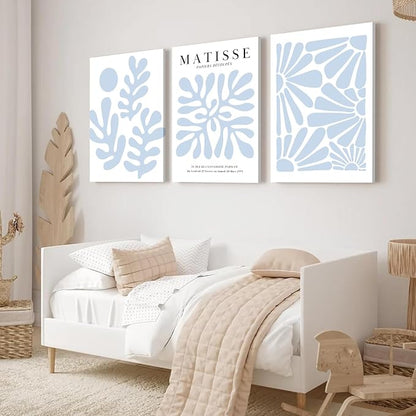 Matisse Flower Wall Art Abstract Minimalist Light Blue Henri Matisse Canvas Posters Prints Aesthetic Pictures Wall Decor Gallery Home Decoration for Bedroom Living Room Framed 16x24 inch