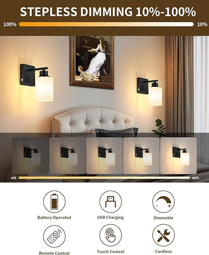 Battery Operated Wall Sconce Set of 2, Black Rechargeable Wall Lights with Timer Function, Easy Install Dimmable Wireless Wall Lamps for Living Room, Bedroom, Hallway, Entryway Decor 3000K