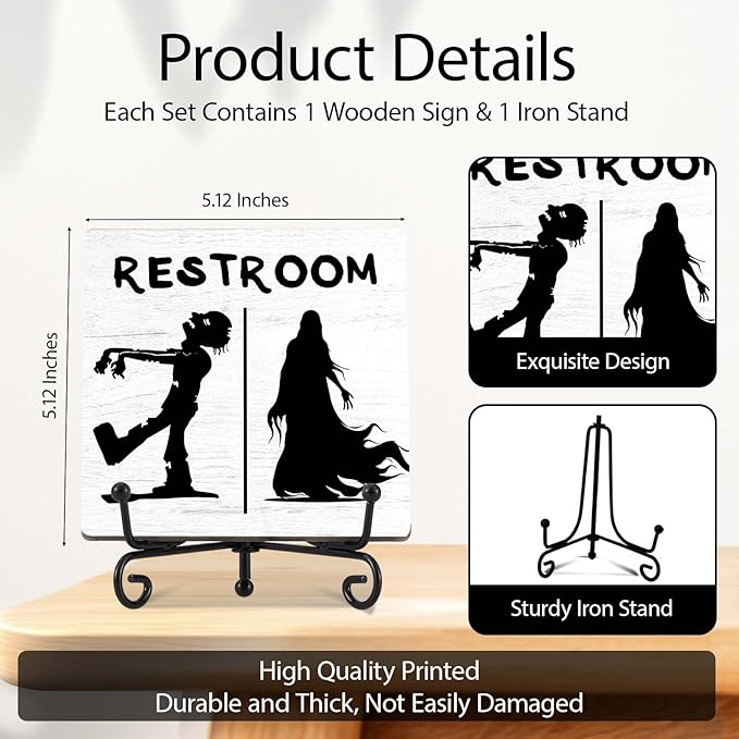 Halloween Bathroom Decor, Zombie Wooden Sign for Home Restroom Desk Shelf, Spooky Table Centerpieces for Washroom Accessories - A12
