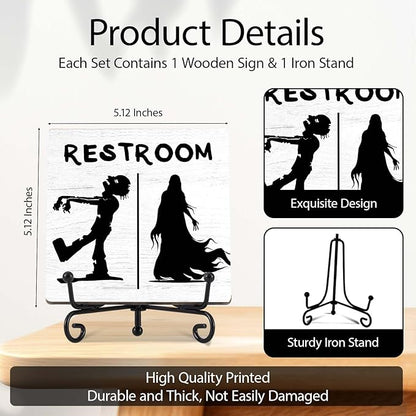 Halloween Bathroom Decor, Zombie Wooden Sign for Home Restroom Desk Shelf, Spooky Table Centerpieces for Washroom Accessories - A12