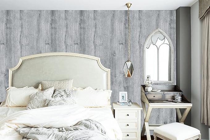Wood Wallpaper 17.7"x196"Light Grey Wood Peel and Stick Wallpaper Gray Wood Contact Paper Removable Wallpaper Self-Adhesive Wood Grain Faux Furniture Film Roll Desk Table Wall Cabinet Shelf Draw