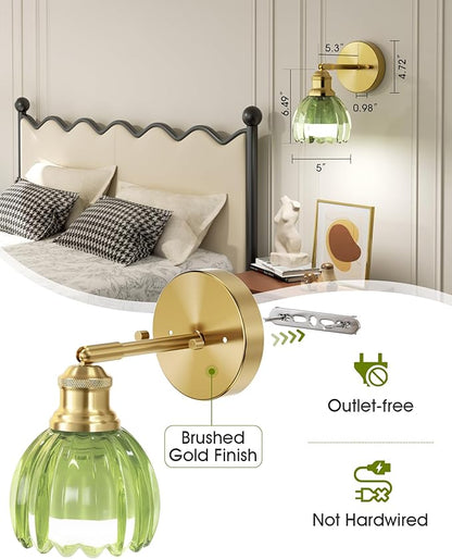 VOLISUN Vintage Battery Operated Wall Sconce,with Green Tulip Glass Lampshade, Wireless Wall Sconce, Rechargeable Battery Powered Wall Light, Sconce Wall Decor for Bedroom Living Room