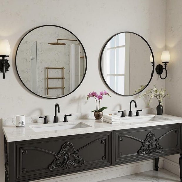 Antok 24 Inch 2PCS Round Mirror for Wall, Round Bathroom Mirror, Circle Wall Mirrors with Black Metal Frame, Circle Mirrors Suitable for Wall, Bathroom, Vanity, Living Room, Entryway