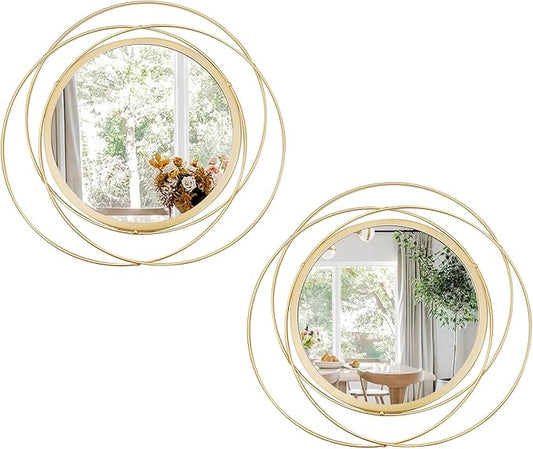 Cityelf 2 Set 13.3'' Gold Circle Mirrors Wall Decor Iron Frame Round Wall Art Hanging for Living Room/Bedroom/Bathroom/Entryway (Medium Size 13.3 inch)