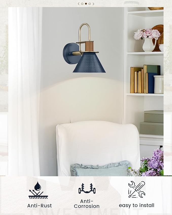 Modern Wall Sconces, HWH Industrial Sconce Wall Lighting Indoor Wall Lamp, 1-Light Barn Vanity Light for Kitchen Bedroom, Hammered Metal Shade, Navy Blue Finish, 5HZG74B-L BL+BG