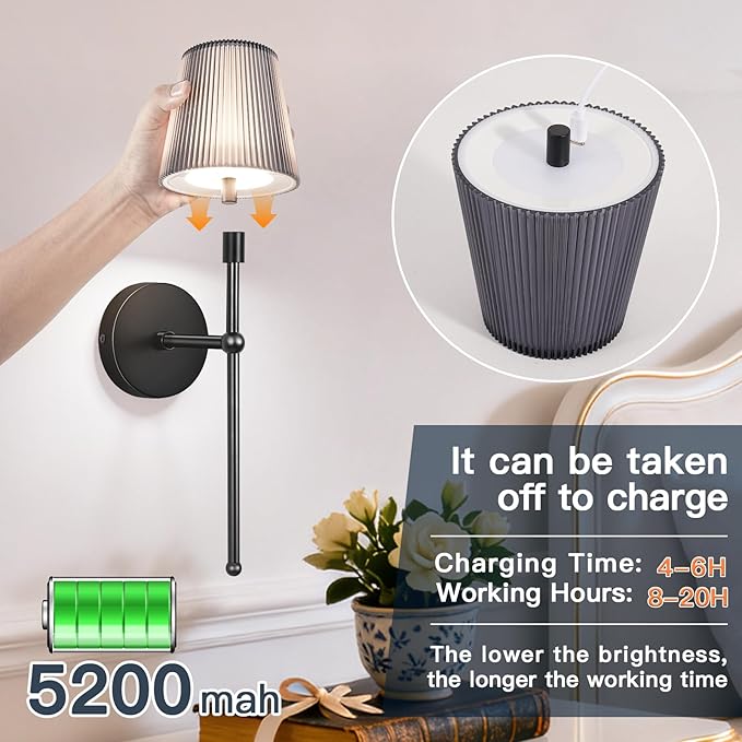 Battery Operated Wall Sconces Set of 2, Wireless Wall Sconce with Remote Dimmable Timer, Rechargeable 5200mAh, Cordless Wall Light for Bedroom Living Room, Hallway, Light Decor